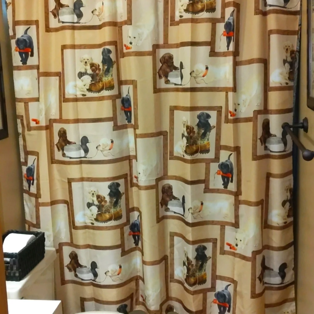 EUC Bacova Tan Shower Curtain w/Fun Retriever Puppies Design Sz 72